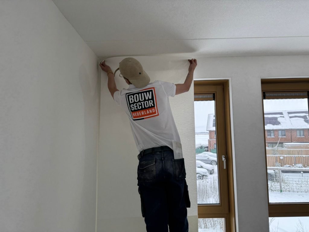 Behanger brengt een baan renovlies behang aan tot tegen het plafond